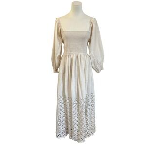 Free People Perfect Storm Midi Dress Smocked tiered Eyelet Cottagecore Cream S